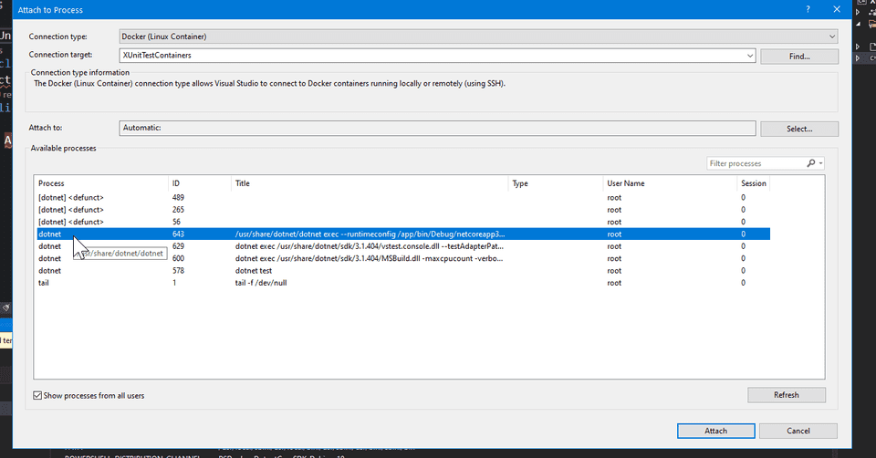 Attach to process in container